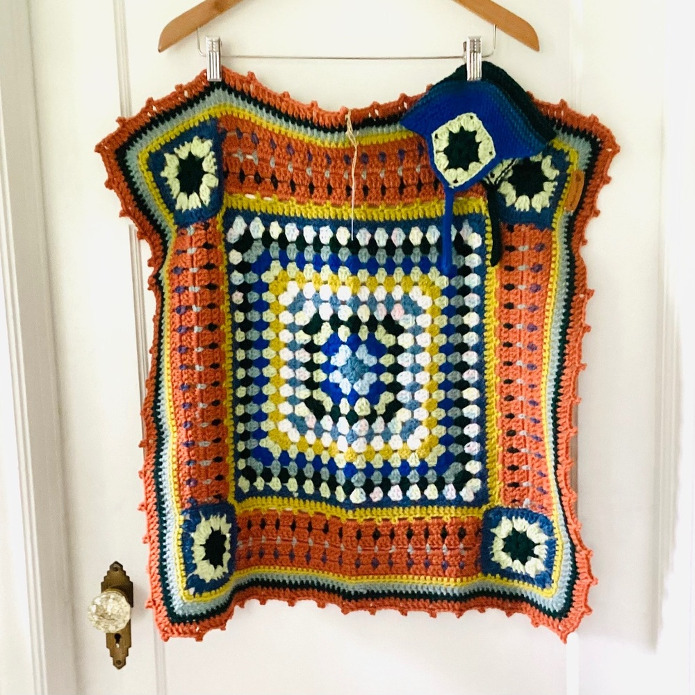 Crochet Baby Blanket Bonnet Set NWT Handcrafted Vintage Boho Unisex 25x25” Gift